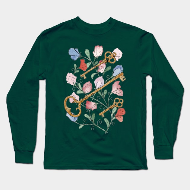 Keys and Flowers Watercolor Illustration Long Sleeve T-Shirt by Danica Templeton Art